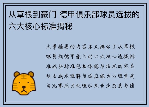 从草根到豪门 德甲俱乐部球员选拔的六大核心标准揭秘