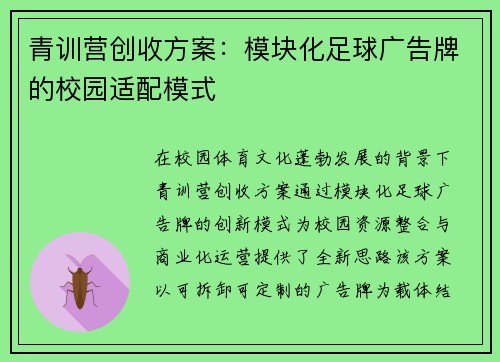 青训营创收方案：模块化足球广告牌的校园适配模式