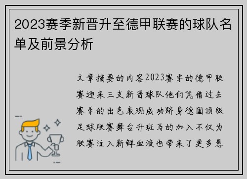 2023赛季新晋升至德甲联赛的球队名单及前景分析